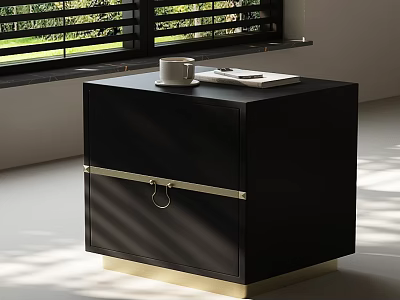 Black Nightstand with Gold Trim Drawer White Cup Notebook and Sunlight by Window 3d model