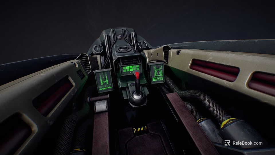 Futuristic Spaceship Cockpit Interior With Green Screens And Control Panel 3d model 