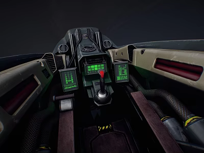 Futuristic Spaceship Cockpit Interior With Green Screens And Control Panel 3d model