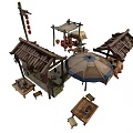 Traditional Chinese Market Stalls With Wooden Structures Roofs Lanterns Tables Stools And Umbrella