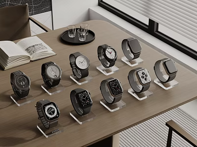 Smart Watches Display On Wooden Table With Book And Glasses 3d model