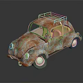 Rusty Vintage Volkswagen Beetle With Roof Rack And Yellow Interior