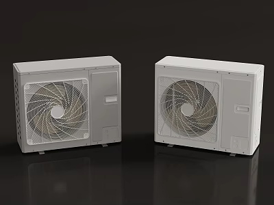 Two Modern White Air Conditioner Outdoor Units On Black Reflective Surface 3d model