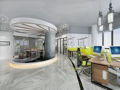Public Office Space with Open Layout Circular Reception Desk Pendant Lights and Yellow Office Chairs 3d model