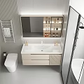 Modern Bathroom Interior Design With Backlit Mirror Vanity Drawers And Striped Wall 3d model