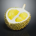 Ripe Durian Cut Open On Dark Background Showing Yellow Flesh And Spiky Outer Shell