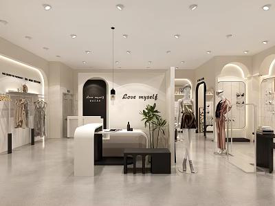 Modern Clothing Store Interior With Mannequins Clothing Displays Love Myself Sign And Potted Plant 3d model
