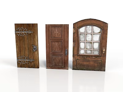 Vintage Wooden Doors With Carved Designs Glass Panels And Decorative Hardware 3d model
