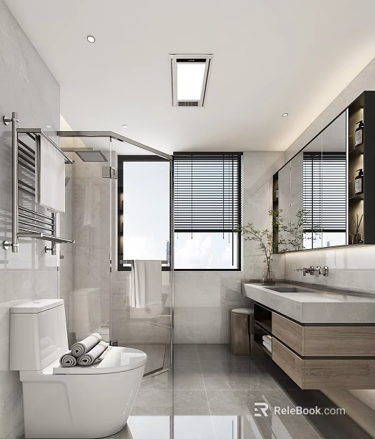 Modern Bathroom Interior With Open Shower Large Mirror Blinds Vanity And Towel Rack 3d model 