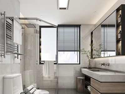 Modern Bathroom Interior With Open Shower Large Mirror Blinds Vanity And Towel Rack 3d model