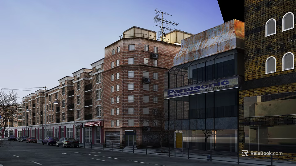 Urban Commercial Street With Multi Story Brick Buildings Store Signs And Panasonic Advertisement 3d model 