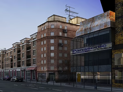Urban Commercial Street With Multi Story Brick Buildings Store Signs And Panasonic Advertisement 3d model