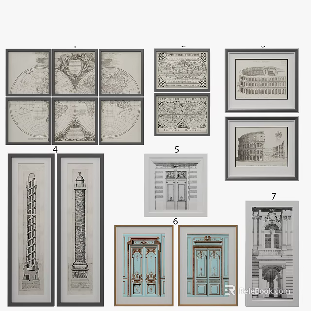 Vintage Architectural Wall Art With Classical Building Prints Maps And Columns 3d model