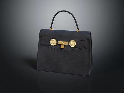 Elegant Black Suede Handbag With Golden Clasps And Structured Top Handle Design 3d model