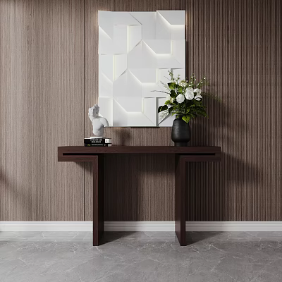 Modern Wooden Console Table With 3D Geometric Panel White Flower Vase And Statue 3d model