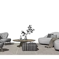 Modern Light Gray Sofa and Round Coffee Table Set With Potted Plant and Woven Ottoman