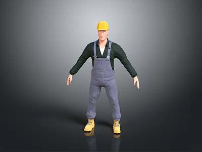Man In Yellow Hard Hat Green Long Sleeve Shirt Gray Overalls Yellow Boots Gray Background 3d model