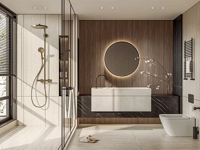 Modern Bathroom Interior Design With Glass Shower Round Mirror Wooden Wall And White Basin Elements 3d model