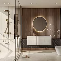 Modern Bathroom Interior Design With Glass Shower Round Mirror Wooden Wall And White Basin Elements