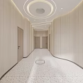 Modern Elevator Hallway Design With Wooden Walls Speckled Tiles Round Ceiling Light And Recessed Lights