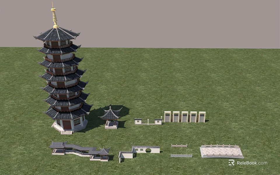 Traditional Multi Tiered Pagoda With Black White Roof And Small Pavilions On Green Grassland 3d model 
