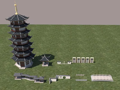 Traditional Multi Tiered Pagoda With Black White Roof And Small Pavilions On Green Grassland 3d model