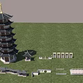 Traditional Multi Tiered Pagoda With Black White Roof And Small Pavilions On Green Grassland