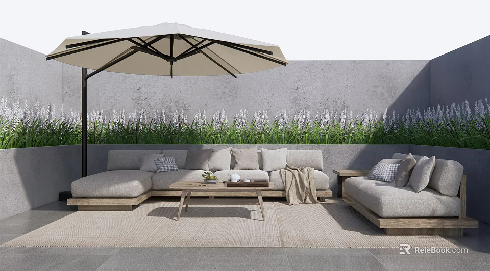 Cozy Light Gray Outdoor Sofa With Wooden Coffee Table Beige Umbrella And Green Plants 3d model 