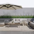 Cozy Light Gray Outdoor Sofa With Wooden Coffee Table Beige Umbrella And Green Plants