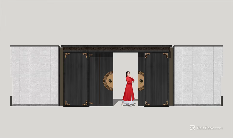 Dark Entrance Gate With Golden Decorations Circular Motifs And Person In Red Near White Walls 3d model 