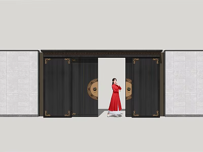 Dark Entrance Gate With Golden Decorations Circular Motifs And Person In Red Near White Walls 3d model