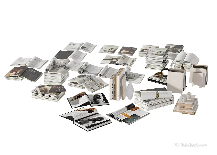 Diverse Collection of Stacked Books and Scattered Magazines with Open Pages and Varied Covers 3d model 