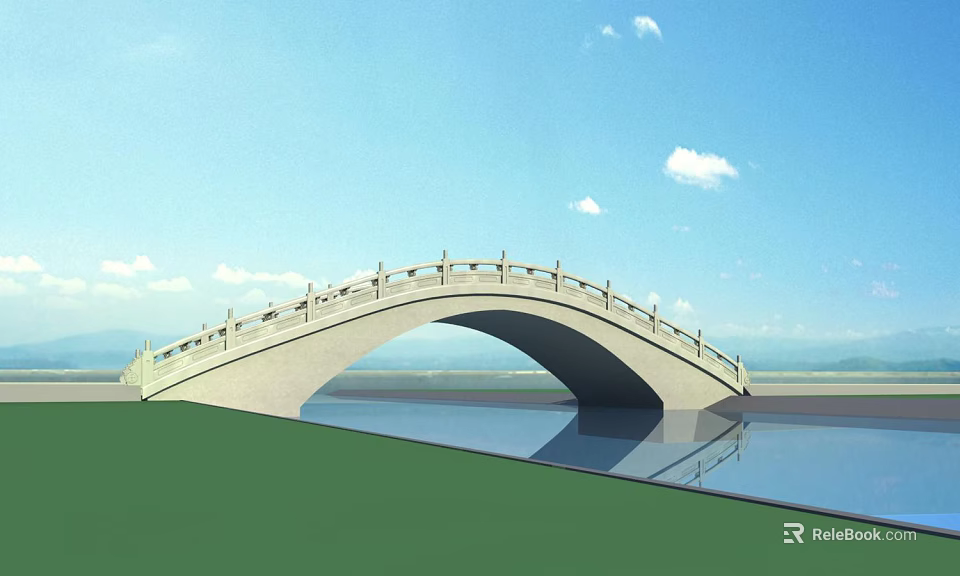 Arch Bridge Over Water Surface With Blue Sky White Clouds And Green Grass Reflection 3d model