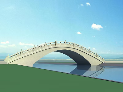 Arch Bridge Over Water Surface With Blue Sky White Clouds And Green Grass Reflection 3d model