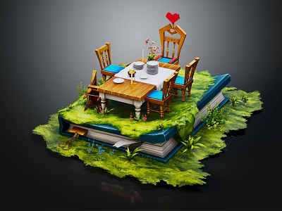 Cartoon Scene Featuring Opened Book Dining Table Chairs Red Heart Green Grass and Flower Bouquet 3d model