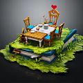 Cartoon Scene Featuring Opened Book Dining Table Chairs Red Heart Green Grass and Flower Bouquet