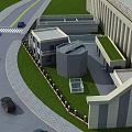 Modern Multi Story Office Building With Glass Facade And Green Grass Area
