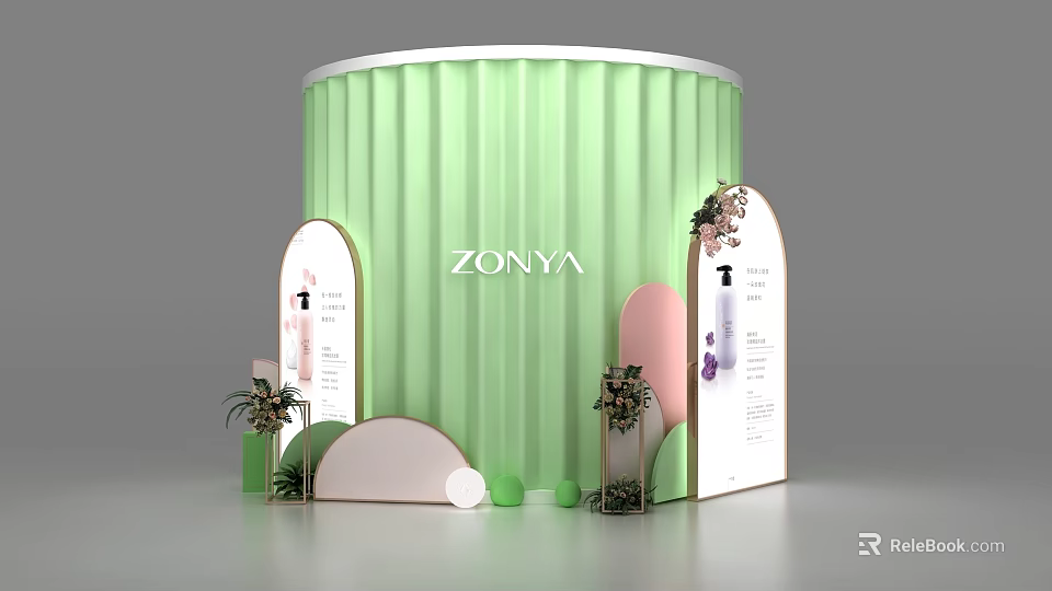 Green Cylindrical ZONYA Booth Featuring Arched Display Boards Product Images Text Plants And Circular Decorations 3d model 