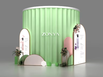 Green Cylindrical ZONYA Booth Featuring Arched Display Boards Product Images Text Plants And Circular Decorations 3d model