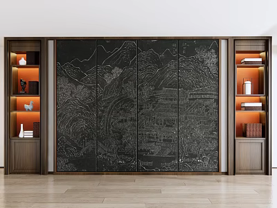 Traditional Chinese Wall Panel With Mountain Architecture Pattern Wooden Cabinets And Shelves With Ornaments 3d model