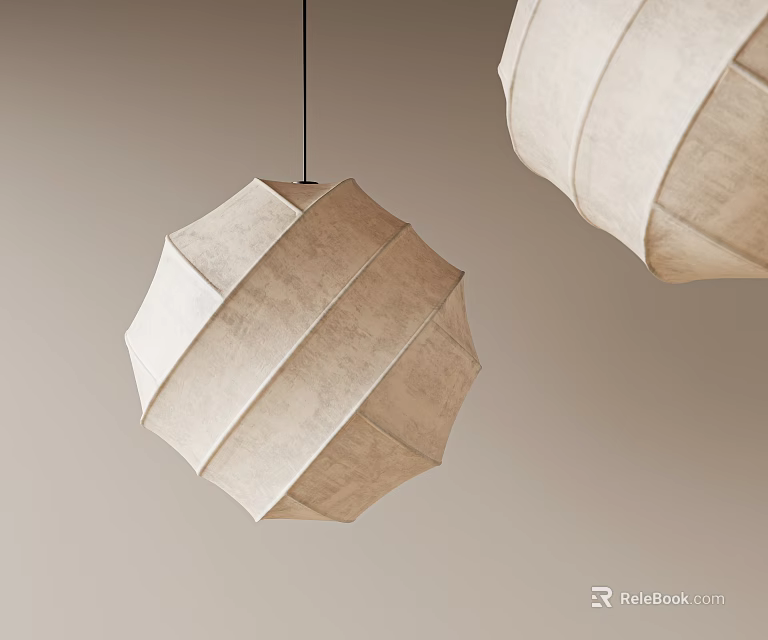 Two Beige Spherical Paper Pendant Lights with Pleated Texture against Light Colored Background 3d model 