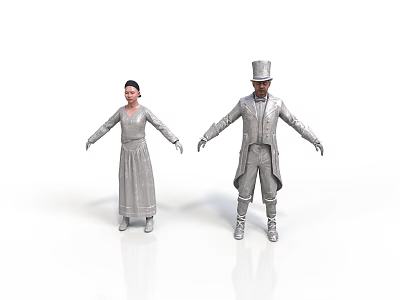Silver Human Models With Female Long Dress And Male Top Hat Costume On White Background 3d model