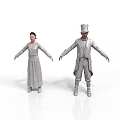 Silver Human Models With Female Long Dress And Male Top Hat Costume On White Background