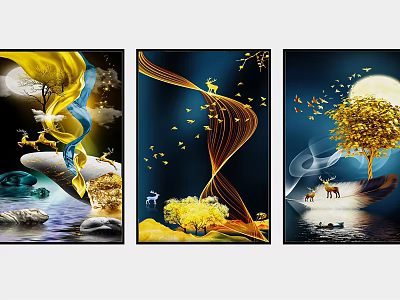 Three Panel Decorative Wall Art With Golden Elements Nature Scenes And Abstract Design 3d model