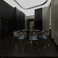 Luxury Private Dining Box With Dark Decor Round Table Chairs And Lighting 3d model