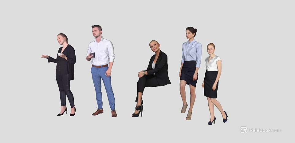 Diverse Business Professionals in Formal Attire with Various Standing and Sitting Poses Against Grey Background 3d model 