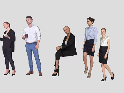 Diverse Business Professionals in Formal Attire with Various Standing and Sitting Poses Against Grey Background 3d model