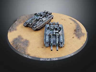 Two Battle Tanks Displayed On Circular Sandy Base With Dry Grass And Label 3d model