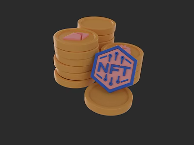 Stacked Gold Coins Featuring NFT Logo Pink Cube And Design Elements 3d model