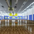 Bright Basketball Court Interior With Wooden Floor Blue Walls And Basketball Hoops